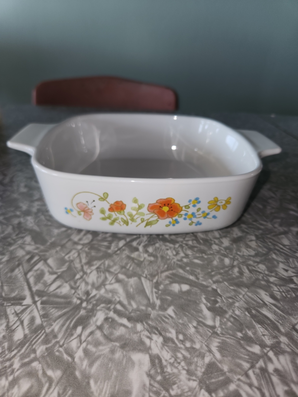 Corningware White Ceramic Casserole with Orange and Yellow Floral Pattern